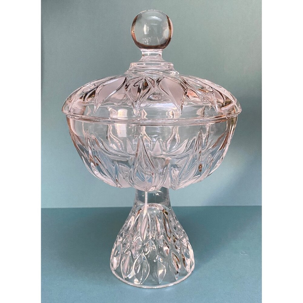 Vintage Crystal Glass Pedestal Candy Dish with Lid Unique Flame or Petal Design